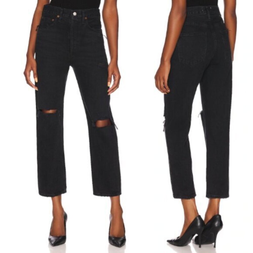 Agolde‎ 90's High Rise Crop Straight Jeans Bauhaus Distressed Busted Knee Sz 24